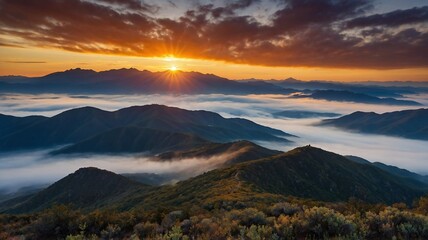 Fototapeta premium Serene Sunrise Over Foggy Mountains and Scenic Clouds in a Tranquil Landscape