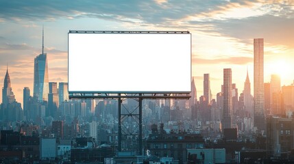 Obraz premium A blank billboard in an urban cityscape, perfect for advertising campaigns, with skyscrapers in the background.