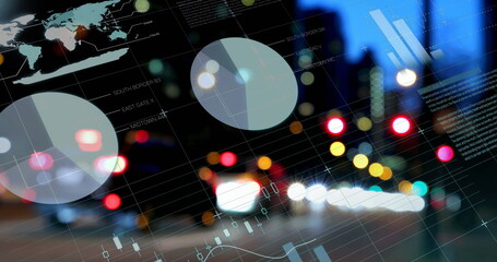 Pie charts and data graphs image over city street with blurred lights