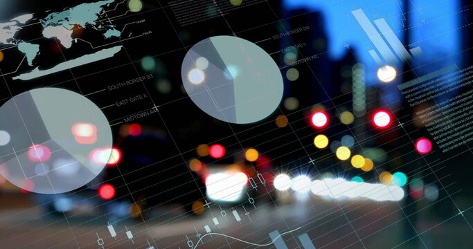 Pie charts and data graphs image over city street with blurred lights