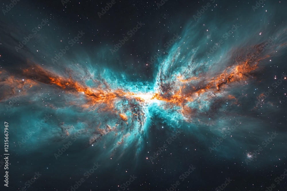 Wall mural cosmic nebula with vibrant orange and teal hues, star-filled space.