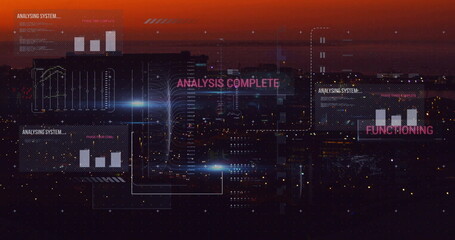 Scanning and analysis complete text image over cityscape at sunset