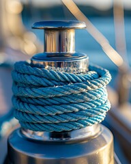 Obraz premium Close-up of a nautical winch with blue rope.