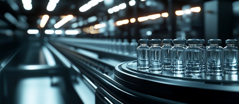 Glass vials on a conveyor belt in a modern factory.