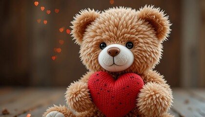 Cute stuffed teddy bear holding a red heart with a romantic heart-themed background, ideal for celebrating love, Valentine's Day, or affection-themed projects.Generated AI