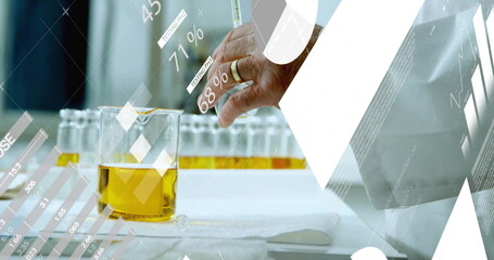 Image of data processing over caucasian male scientist in laboratory