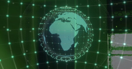 Image of networks and digital data processing over globe