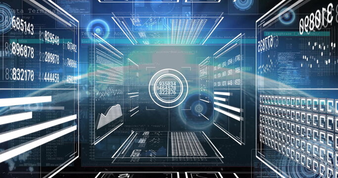 Image of data processing with scope scanning over globe on black background