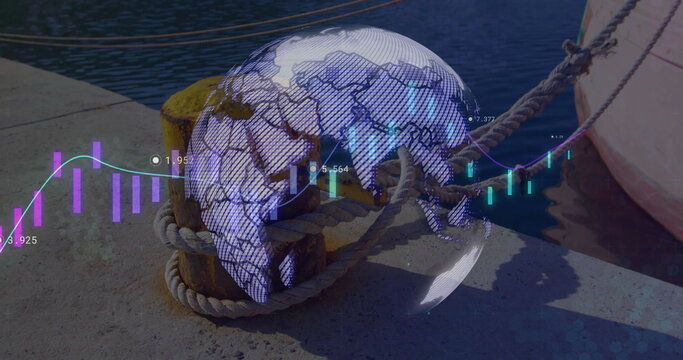 Image of financial data processing over sea port and globe