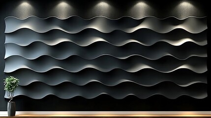 A minimalist dining room wall showcasing textured 3D waves in matte grey, paired with modern wooden furniture and soft lighting.
