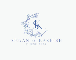 Wedding logo wreath vector design royal style blue color illustration monogram crest design