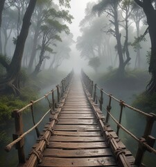 Fototapeta premium Ancient wooden bridge spanning over a misty forest with a rope crossing in the middle, natural, mist