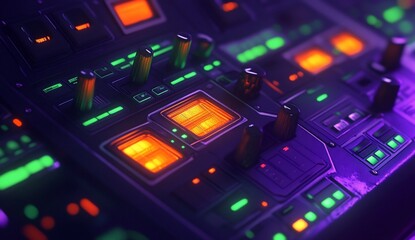 Close-up of a futuristic control panel with glowing buttons and knobs. (1)