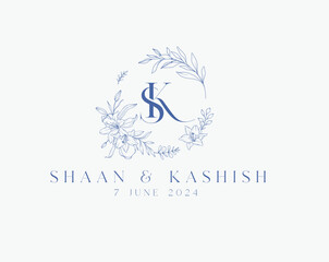 Fototapeta premium Wedding logo wreath vector design royal style blue color illustration monogram crest design
