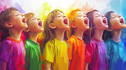 Obraz premium A vibrant image of a children's choir singing energetically during a school event, highlighting their joyful expressions and colorful outfits, showcasing the innocence and joy of music.