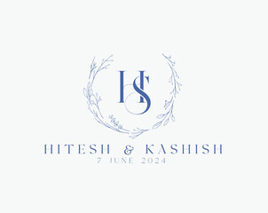 Fototapeta premium Wedding logo wreath vector design royal style blue color illustration monogram crest design