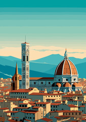 Travel Destination in Florence Italy vintage print. holidays concept of illustration