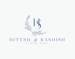 Wedding logo wreath vector design royal style blue color illustration monogram crest design