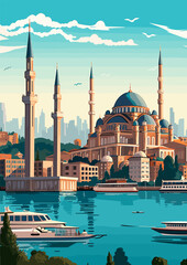 Obraz premium Travel Destination in Istanbul Turkey vintage print. holidays concept of illustration