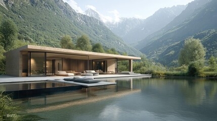 Modern house with pool, mountain valley view, sunny day