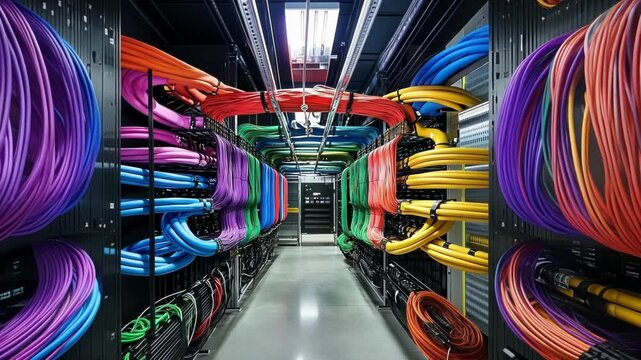 Perfectly organized and colorful network cables are creating a visually appealing pattern in a modern data center, showcasing the complexity and order of network infrastructure