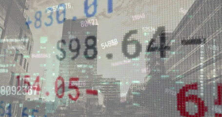 Image of financial data processing over cityscape