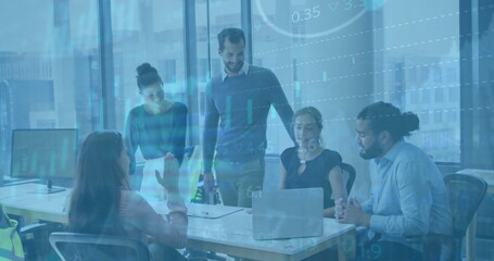 Image of financial data processing over diverse business people in office