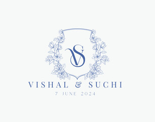 Wedding logo wreath vector design royal style blue color illustration monogram crest design