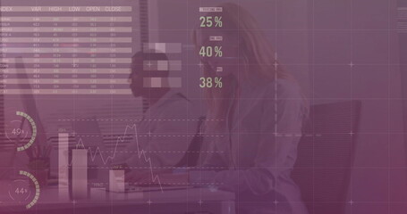 Image of financial data processing over diverse business people in office