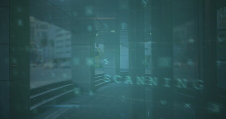 Image of financial data processing over building in city