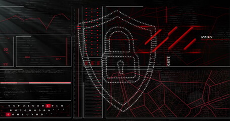Image of data processing over padlock and shield