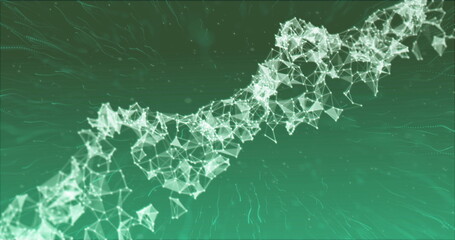 Image of glowing light trails moving over dna strand on green background