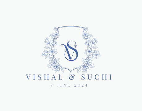 Wedding logo wreath vector design royal style blue color illustration monogram crest design