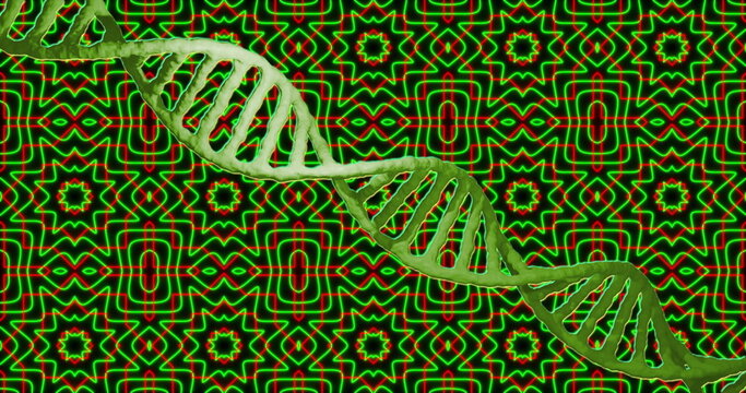 Image of dna strand and data processing over kaleidoscope