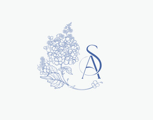 Wedding logo wreath vector design royal style blue color illustration monogram crest design