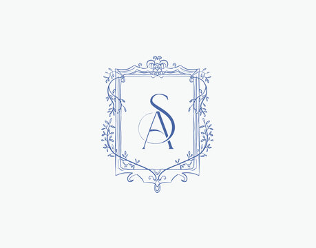 Wedding logo wreath vector design royal style blue color illustration monogram crest design