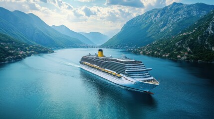 Aerial view at the cruise ship at the day time. Adventure and travel. Landscape with cruise liner on Adriatic sea. Luxury cruise
