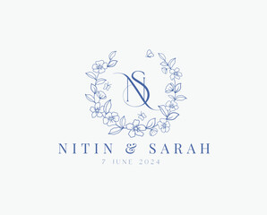 Wedding logo wreath vector design royal style blue color illustration monogram crest design