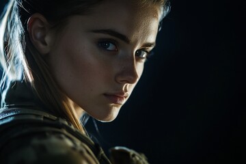 Close-up portrait of a serious young woman in military-style clothing, looking over her shoulder against a dark background.