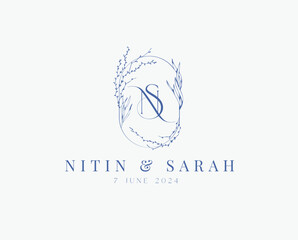 Wedding logo wreath vector design royal style blue color illustration monogram crest design