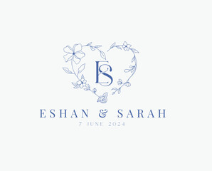 Wedding logo wreath vector design royal style blue color illustration monogram crest design