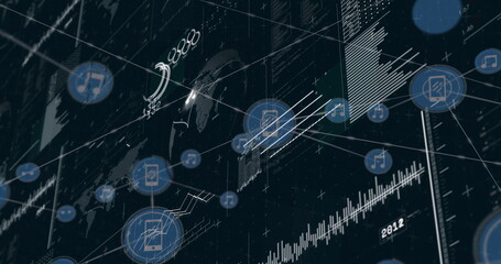 Image of data processing over network of connections with icons