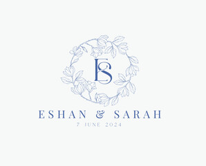 Wedding logo wreath vector design royal style blue color illustration monogram crest design