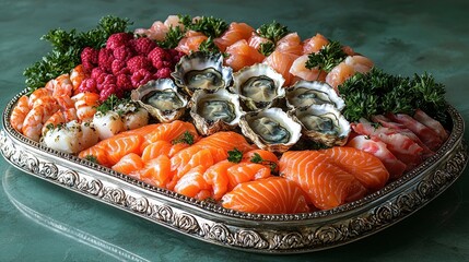 Elegant Seafood Platter with Salmon, Oysters, and Shrimp on Ornate Silver Tray