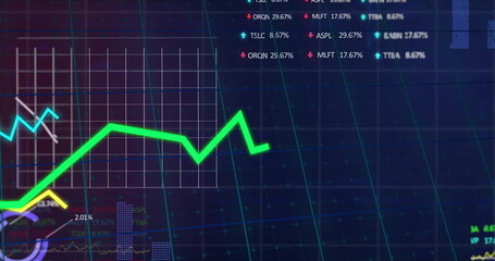 Image of statistics and data processing over grid background