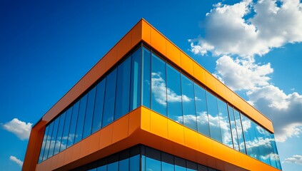 Fototapeta premium Modern orange glass building against blue sky.