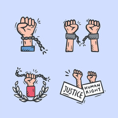 Justice and law hand drawn icon collection. World Day of Social Justice doodle illustration pack. Set of justice sketch containing scale, fist, legal law.