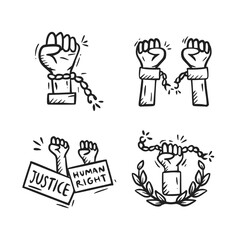 Justice and law hand drawn icon collection. World Day of Social Justice doodle illustration pack. Set of justice sketch ouline containing scale, fist, legal law.