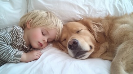 Child and cat sleeping together on the bed