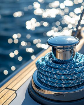 Close-up of a sailboat's deck with blue rope coiled on a chrome winch, sparkling ocean in the background.